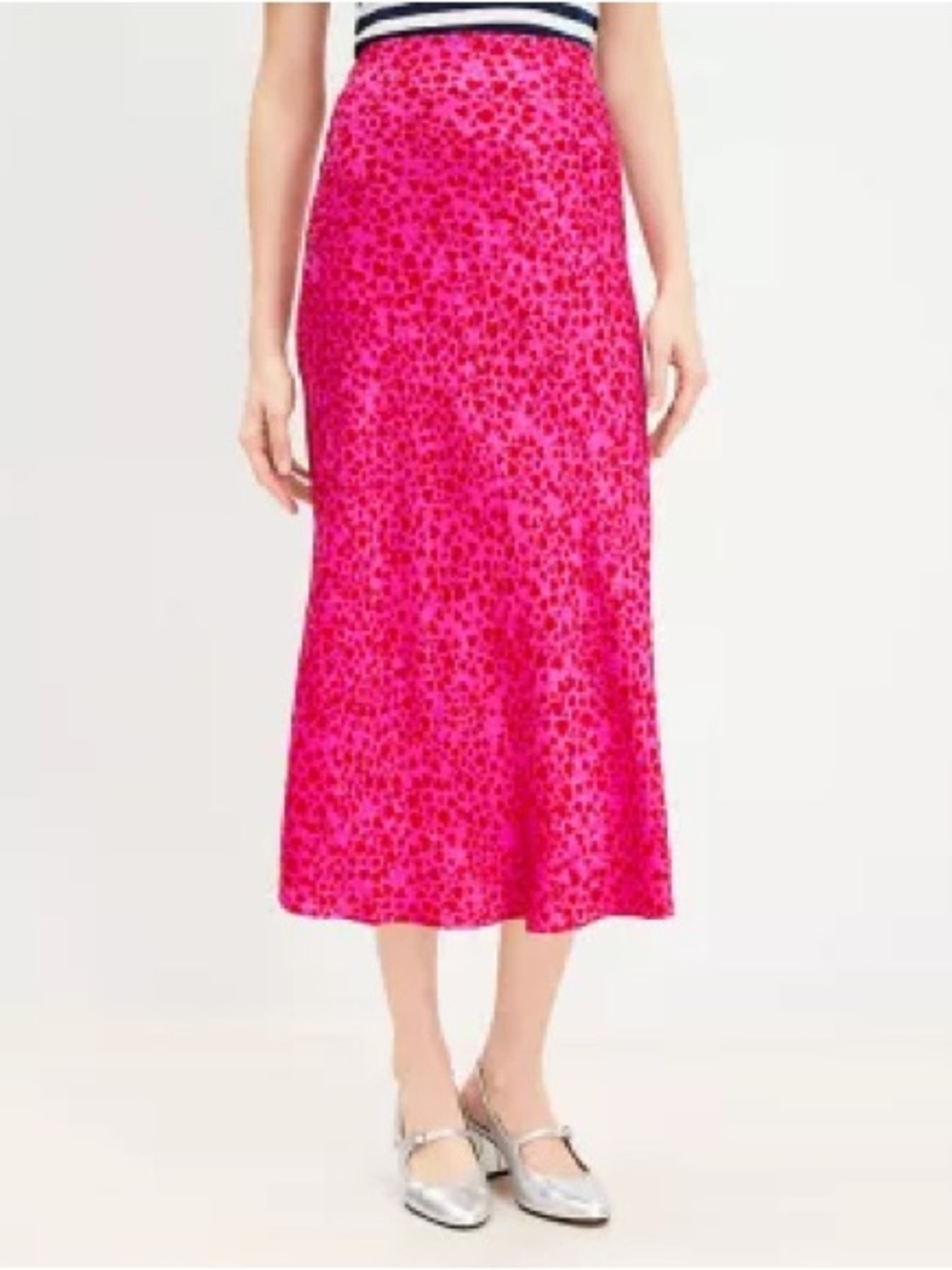 LOFT pink & red Heart Jacquard Bias Midi Skirt
